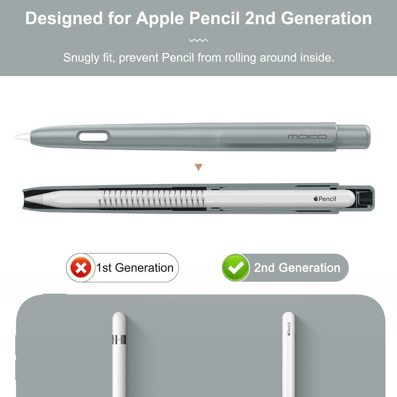 MoKo Holder Case Compatible with Apple Pencil 2nd Generation, Retractable Protective Apple Pencil Cover with Sturdy Clip, Hard PC Apple Pencil Case, Support Double-Tap, Silver Gray - Image 2